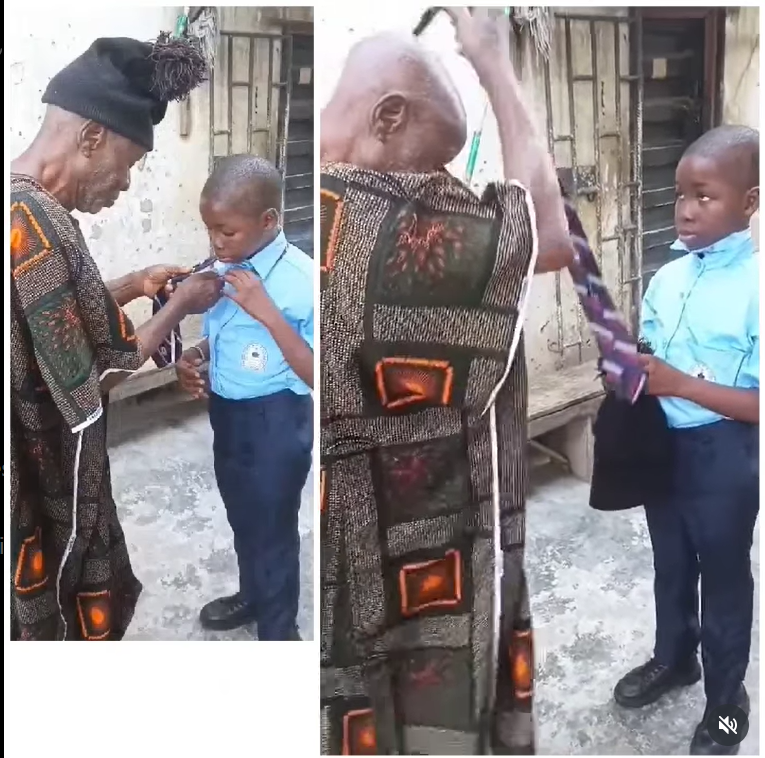 Heart warming video of  95-year-old Grandpa guiding his 11-year-old grandson on how to knot his school tie before school